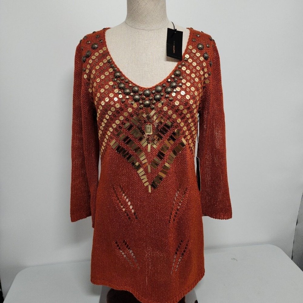 NEW BCBGMaxazria Open Knit Tunic Sweater Size Large Copper Embellished Rust